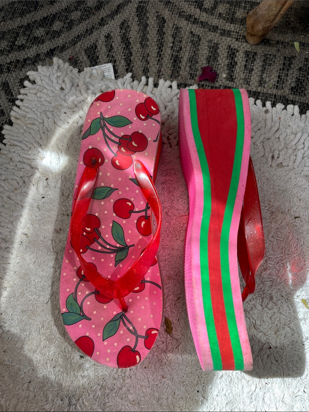 Cherry Print Platform Flip Flops - Pink & Red